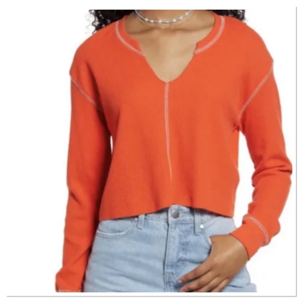 Bp. Women’s Split Neck Thermal Crop Top Size XS Orange Fiesta